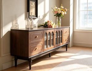 Meuble TV classique en bois massif, porte en verre cannelé cintrée et rangement multi-tiroirs, console multimédia de salon avec pieds tournés rétro - Product Image 4