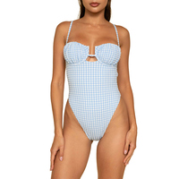 Blauw gingham-badpak voor dames, uitgesneden, hoog uitgesneden, getextureerd badpak met beugel en uitsnijding