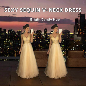 S-XL Summer Sexy Sequin Lace Chiffon Floor-Length A-Line Party Evening Dress <b>Perspective</b> Sleeveless V-neck - Product Image 2