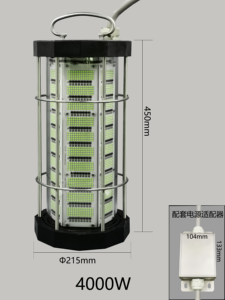 מנורת לד 4000W בצורת כריש/דיונון, ירוקה, עמידות למים בתקן IP68, תאורת דיג תת ימית לעומק רב, Ra80, מרחק תאורה 1-100 מטר, 140 לומן/וואט, אלומיניום - Product Image 2