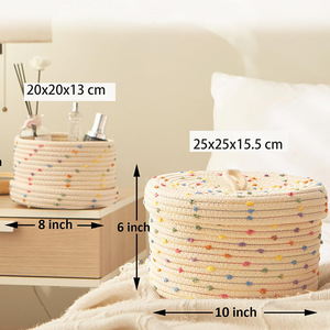 Mignon coloré arc-en-ciel <span class=keywords><strong>pompon</strong></span> Design jouet <span class=keywords><strong>panier</strong></span> de rangement maison stockage à la main rond tissage coton corde <span class=keywords><strong>panier</strong></span> avec couvercle - Product Image 3