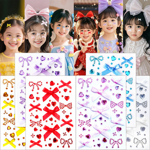 1 foglio di nastro rosa fiocco + cuore adesivi con strass in seta rossa Kawaii con fiocco e fiocco adesivi per gemme per decorazioni per bambini/ragazza - Product Image 1