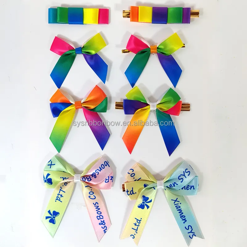 Bán Buôn Và Tùy Chỉnh Chất Lượng Cao 100% Polyester Cầu Vồng Ribbon Pre-Thực hiện Ribbon Bow Với Twist Tie Cho Món Quà Cưới Túi