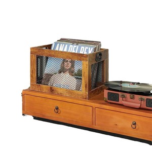 Wooden Wire Mesh Storage Box 15.7in Rectangle Office Organizer for <b>Records</b> Magazines Documents Retro Style - Product Image 5