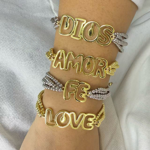 Pulsera de Cuentas de Cobre con Dijes de Letras Doradas de Moda BD-D943, Pulsera con Dijes de Palabras Love Amore Fe <span class=keywords><strong>Dios</strong></span>, Venta al por Mayor - Product Image 1