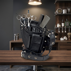 Étui à outils de barbier en cuir noir avec ciseaux et peignes, pochette de ceinture pour ensemble d'outils de coiffure - Product Image 2