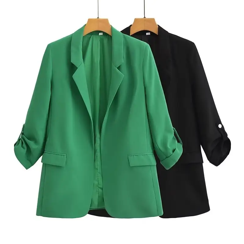 PB&ZA Women 2023 summer New Fashion Sleeves can be rolled up for casual Blazer Coat Vintage Pockets Female Outerwear Chic