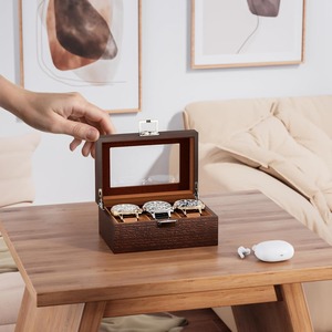 3 Slot Watch Display Case with Glass Lid Classic Rosewood Wooden Watch Organizer Modern Rectangle Wood Watch <b>Storage</b> <b>Box</b> - Product Image 1