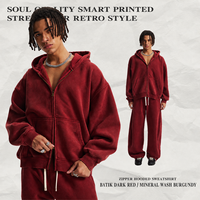 Ensemble de survêtements vintage personnalisés pour hommes, 370 GSM, en coton et polyester teint à la cire, sweat à capuche entièrement zippé avec doublure polaire pour tenues streetwear masculines