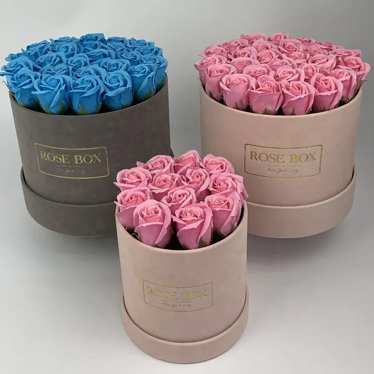 Caja de flores de terciopelo personalizada, caja redonda de cartón para embalaje de flores de rosas