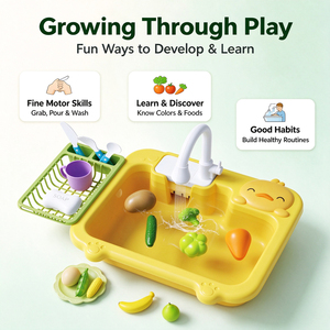 Juego de Cocina de Juguete con Fregadero Eléctrico y Grifo Real, Verduras, Frutas y Vajilla para Niños, Regalo Educativo - Product Image 5
