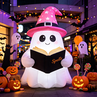 Décoration gonflable d'Halloween durable en tissu Oxford, motif chapeau de sorcière fantôme multicolore mignon lisant un livre, pour fêtes et événements en extérieur