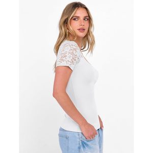 Camiseta básica ajustada de punto acanalado con encaje y cuello en V de manga corta para mujer, ropa informal de verano - Product Image 5