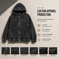 Sweat à capuche zippé pour homme, délavé à l'acide, avec rivets décoratifs, coupe diagonale, style streetwear oversize