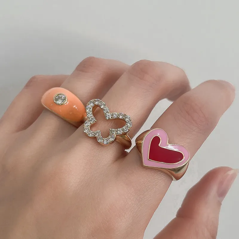 Anillo de esmalte de corazón Rosa grueso chapado en oro de 18K para chica dulce, anillo de San Valentín, Y2K, venta al por mayor
