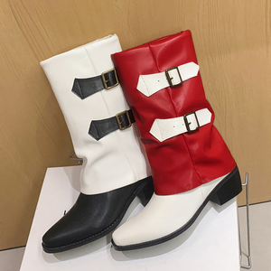 Women Bow Buckles Mid Calf Mixed Colors Booties Pointy Toe Medium Square Heels Short <b>Boots</b> Overlay Patchwork Shoes - Product Image 6