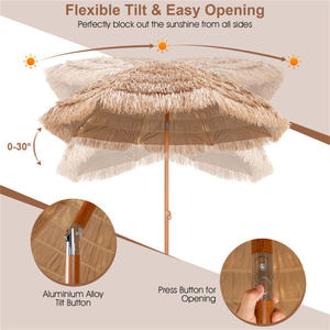Parasol de terrasse en paille de 7,2 pieds avec mât en bois, inclinaison réglable, base pour jardin, utilisation extérieure en cour - Product Image 4