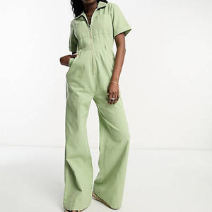 Combinaison formelle de style de rue pour femmes Col ouvert Poches à fermeture éclair sur le devant Combinaison pour femmes à col sergé et <span class=keywords><strong>jambe</strong></span> large - Product Image 3