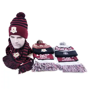 Оптовая продажа, модная зимняя шапка бини и шарф на заказ, наборы с жаккардовым логотипом для рождественских мужчин и женщин