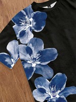 T-shirt à manches courtes pour homme, imprimé floral noir, col rond, style décontracté, tissu jersey, impression numérique