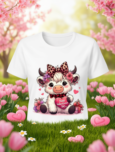 T-shirt da donna con stampa mucca di San Valentino, manica corta, girocollo, casual, primavera estate, in jersey di cotone, con design a cuore e fiocco - Product Image 2