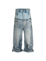 Jeans larges et amples de style streetwear, double couche, double taille, patchwork, délavé, effet usé, logo brodé personnalisé