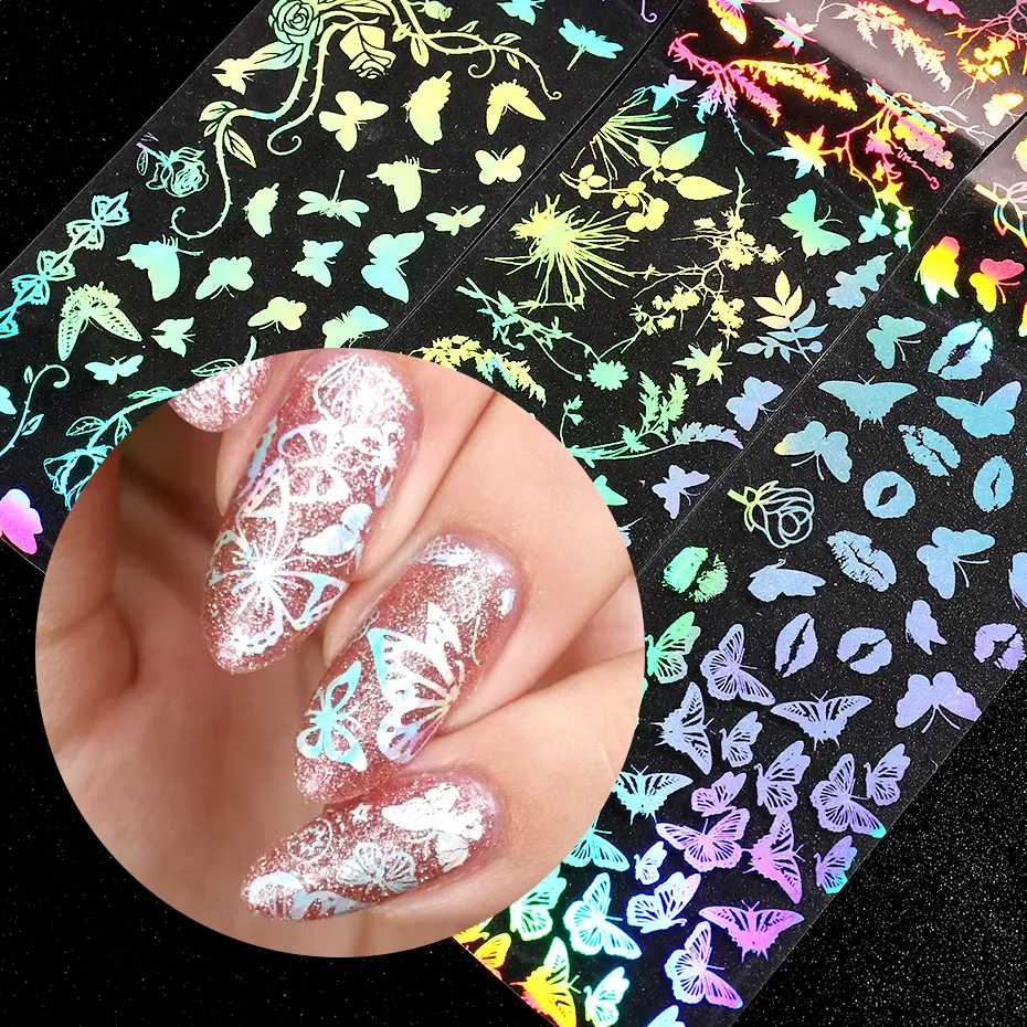 New Style Beauty Butterfly Laser 3D Nails Art Designer Decoration Custom Nail Transfer Foil For Nail Art Wholesale Supplier