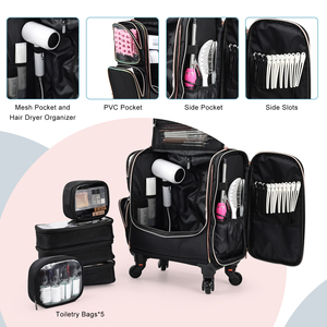 Professional Rolling Makeup Trolley Case Wheeled Travel Cosmetic <b>Storage</b> Organizer <b>Suitcase</b> with 5 Portable Toiletry Bags - Product Image 4