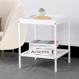 White Square Coffee <b>Table</b> 40x40x50 Cm Tempered Glass Top <b>Bamboo</b> Storage Modern Design For Small Apartments - Product Image 1