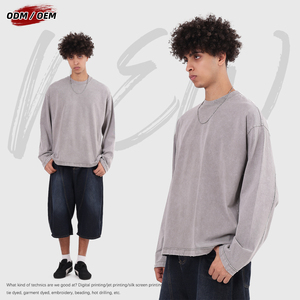 Camiseta de manga larga holgada de algodón puro de doble hilo de 325 g con empalmes de hilo colisionado estilo vintage para hombre, lavado en blanco, para otoño - Product Image 3