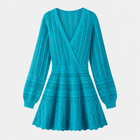 Robe longue en maille texturée bleu sarcelle pour femme, col en V, manches longues, vente en gros
