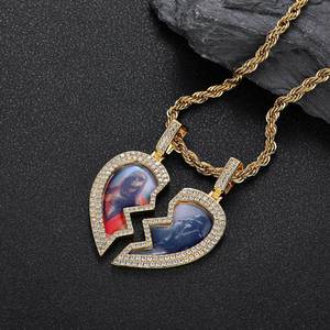 Hip Hop Fine Jewelry Iced Out Broken Heart Charm Photo Necklace White Gold Plated Custom Memory Photo <b>Frame</b> Pendant - Product Image 2