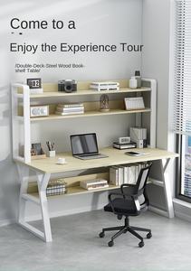 Bureau d'ordinateur moderne en bois blanc et noir assemblé avec 2 étages et étagères pour la maison, la chambre à coucher, le bureau - Product Image 6