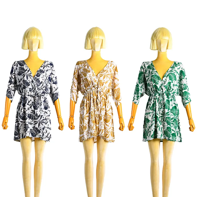 Women's Summer Wrap V Neck Bohemian Green Leaf Floral Print swing a line beach mini dress