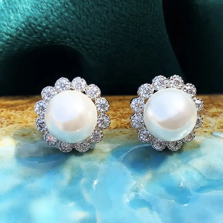 100% Sterling 925 Silber Flower Design Natürliche Süßwasser perle mit Zirkon Ohr stecker Frauen Fine Jewelry Daily
