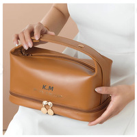 Sac de voyage en cuir pour femmes, grande capacité, double compartiment, fermeture éclair, pour outils de maquillage, sac de toilette en PU à poignée.
