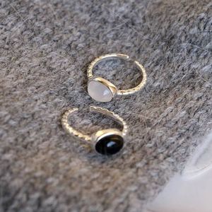 S925 Sterling <b>Silver</b> Minimalist <b>Ring</b> <b>Opal</b> Black Agate Bezel Setting Open Design Stackable Unisex Everyday Wear Geometric Shape - Product Image 4