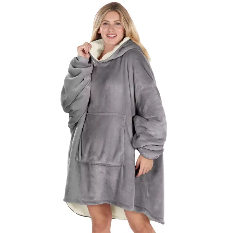 Amostra de casaco com capuz feminino, cobertor grande para inverno com mangas, moletom de lã, casaco xadrez, bolso feminino, com capuz, tamanho grande