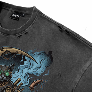 Camisetas Casuales Extra Grandes para Hombre, Color Negro, Lavado Ácido, Estilo Desgastado, Estampado de Gato Steampunk, Camisetas de Manga Corta de Algodón Transpirable de Alta Calidad - Product Image 4