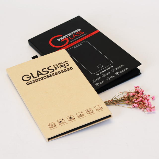 Custom Printed Kraft Paper Box Mobile Smart Cell Phone Tempered Glass Screen Protector Packing Book Shape Box with Eva Inlay