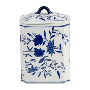 Vaso in ceramica con coperchio, design floreale blu, per decorazioni domestiche, complemento d'arredo moderno - Product Image 1