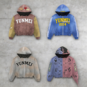 Felpa con Zip Yunmei per Uomo, Produzione Personalizzata con Ricamo, Colori a Blocchi, Effetto Lavaggio Acido, Strappata e Invecchiata, Felpa Pesante - Product Image 2