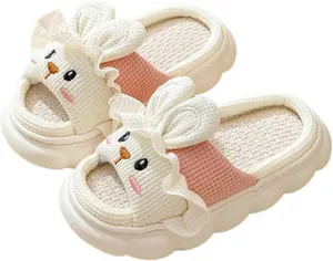 Alla moda simpatiche pantofole di pizzo coniglio, pantofole di lino orso, pantofole animali, scarpe estive di lino di cotone per la casa,