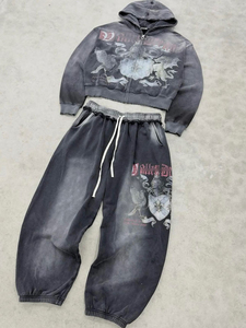 Ensemble <span class=keywords><strong>de</strong></span> survêtements pour hommes Yingling avec logo personnalisé délavé, fermeture éclair, patchwork, motif vieilli et logo imprimé vintage - Product Image 4