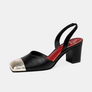 Zapatos de Tacón Alto con Punta Cuadrada Negra y Tira Trasera, Tacón Cuadrado Dorado, Cuero Genuino, Tendencia de Moda para Todas las Temporadas - Product Image 2