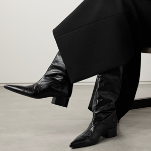 Large Size 46 Solid Wide Fit Women's Knee High Boots Ladies Low Square Heels Shoes Pointed Toe on <b>Long</b> Booties - Product Image 1