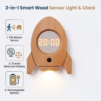 Jam Alarm Digital Sensor Gravitasi 2-in-1 Kayu Solid USB LED Lampu Dinding Magnetik Samping Tempat Tidur Putih