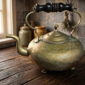 Bouilloire à thé vintage en laiton avec poignée et couvercle en bois, pot à eau en métal - Product Image 6