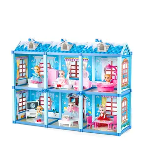 GEFRORENE 119 PCS Zwei schicht ige blaue Plastik villa mit einer 3-Zoll-Puppe und Möbeln für Kinder DIY-Bau spielzeug