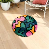 Tapis rond tufté à la main à blocs de couleur abstraits, forme ondulée vibrante, pour salon, chambre et décoration intérieure